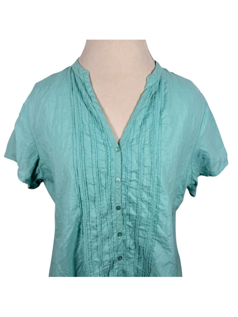 Eileen Fisher System Irish Linen Top Turquoise Pin Tuck Blouse Relaxed Size L - Picture 5 of 10